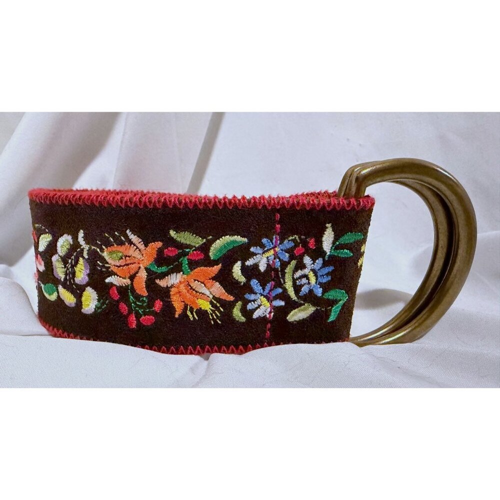 Lauren Ralph Lauren Leather Belt L Embroidered D Ring Boho Hippie Floral Western